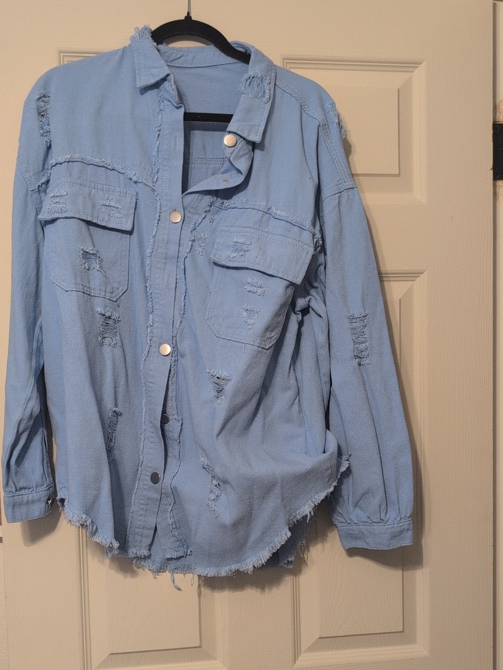 Light Blue Distressed Button-Up Jacket